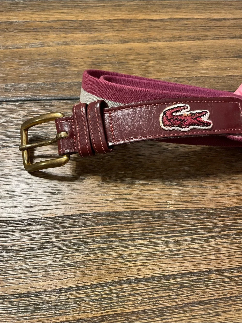 Vintage Lacoste Alligator Belt Men's Size 36/90 Brass Buckle Wine Khaki Stretch